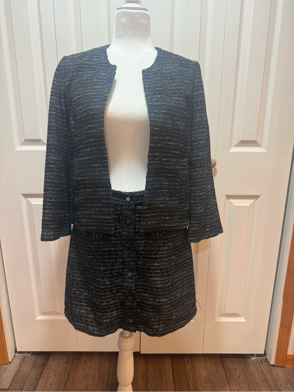 Ava Black, silver & sequined Tweed Skirt Set Jacket and Button-Front Skirt